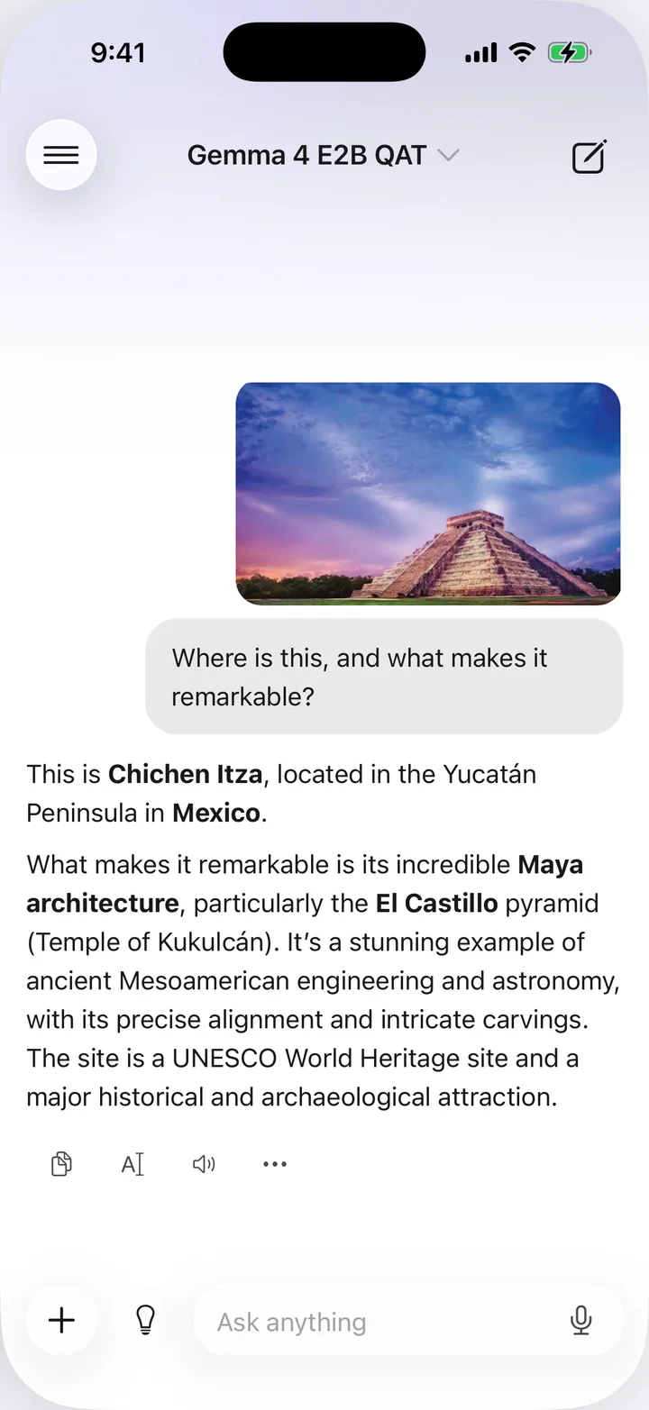 A KernelAI conversation in which Gemma 4 E2B identifies a photo of the Great Pyramid of Chichén Itzá, offline