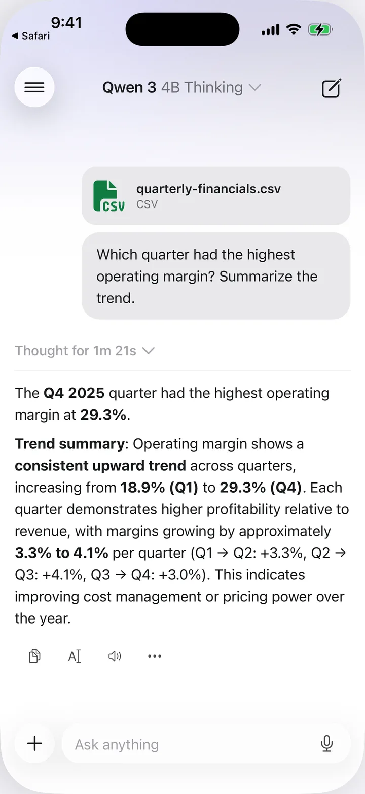 KernelAI answering questions about an attached CSV of quarterly financials