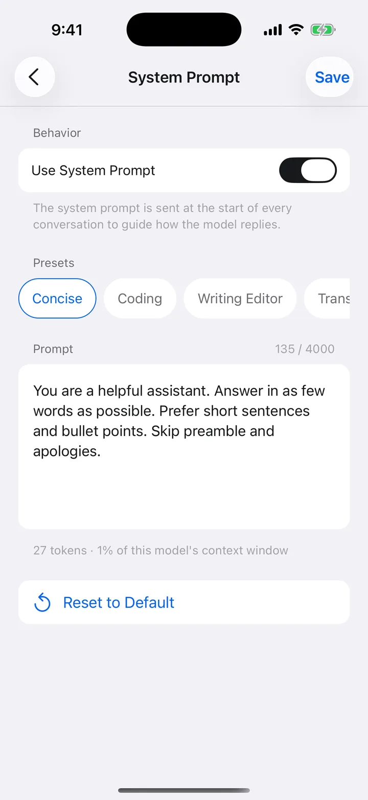 The system prompt editor with its presets